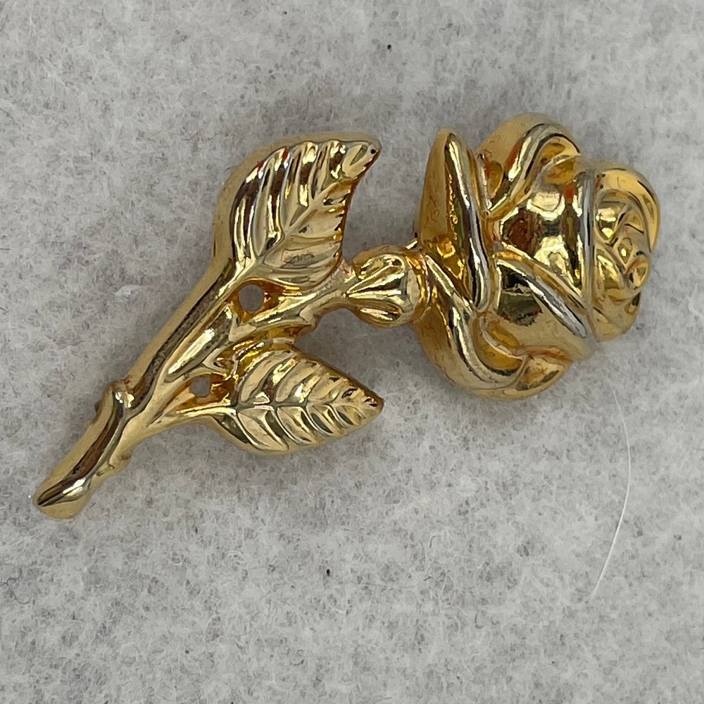 Vintage‎ Gold Tone Rose Flower Brooch Pin High Polish Floral Stem Jewelry